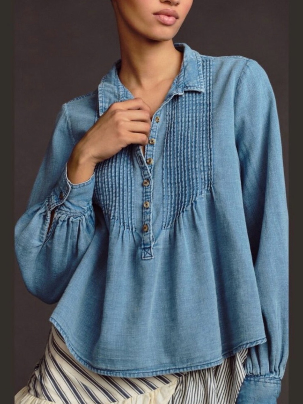 Light Blue Denim Pintuck Button-Front Blouse